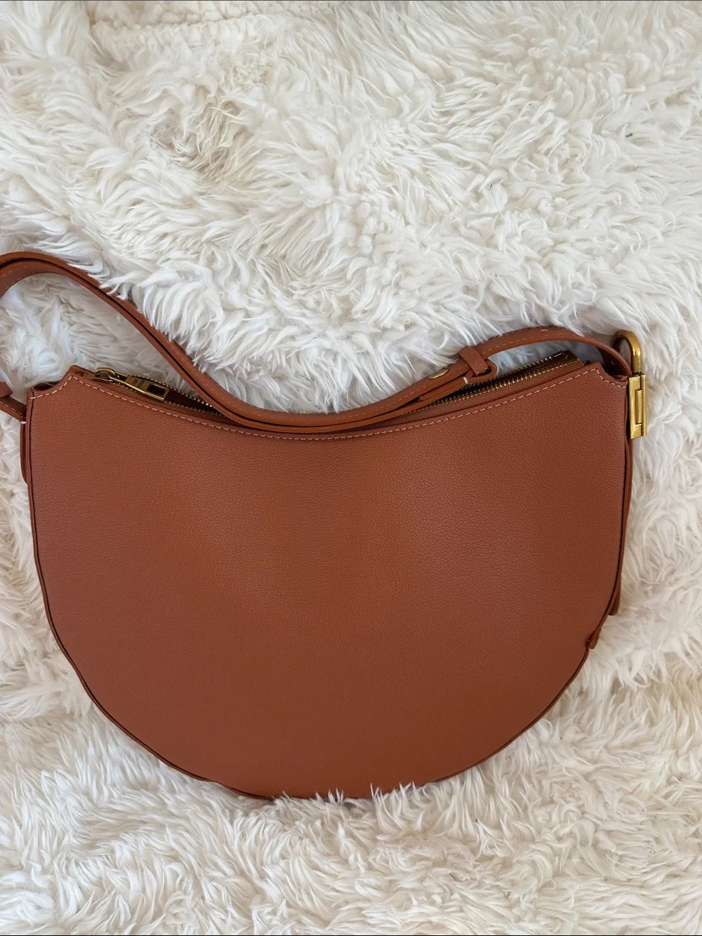 Brown Crescent Shoulder Bag with Gold Hardware